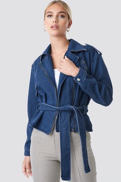 Shop Na-kd Dropped Shoulder Denim Biker Jacket Blue In Dark Blue