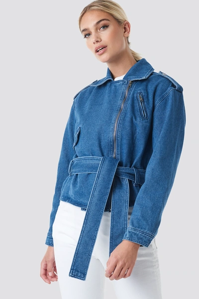 Shop Na-kd Belted Denim Jacket Blue In Mid Blue