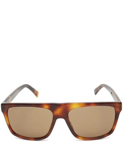 Shop Gucci Havana Ruthenium Rectangular Acetate Sunglasses In Ruthenium Brown