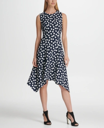 Shop Dkny Polka Dot Handkerchief Hemline Dress In Midnight/ivory