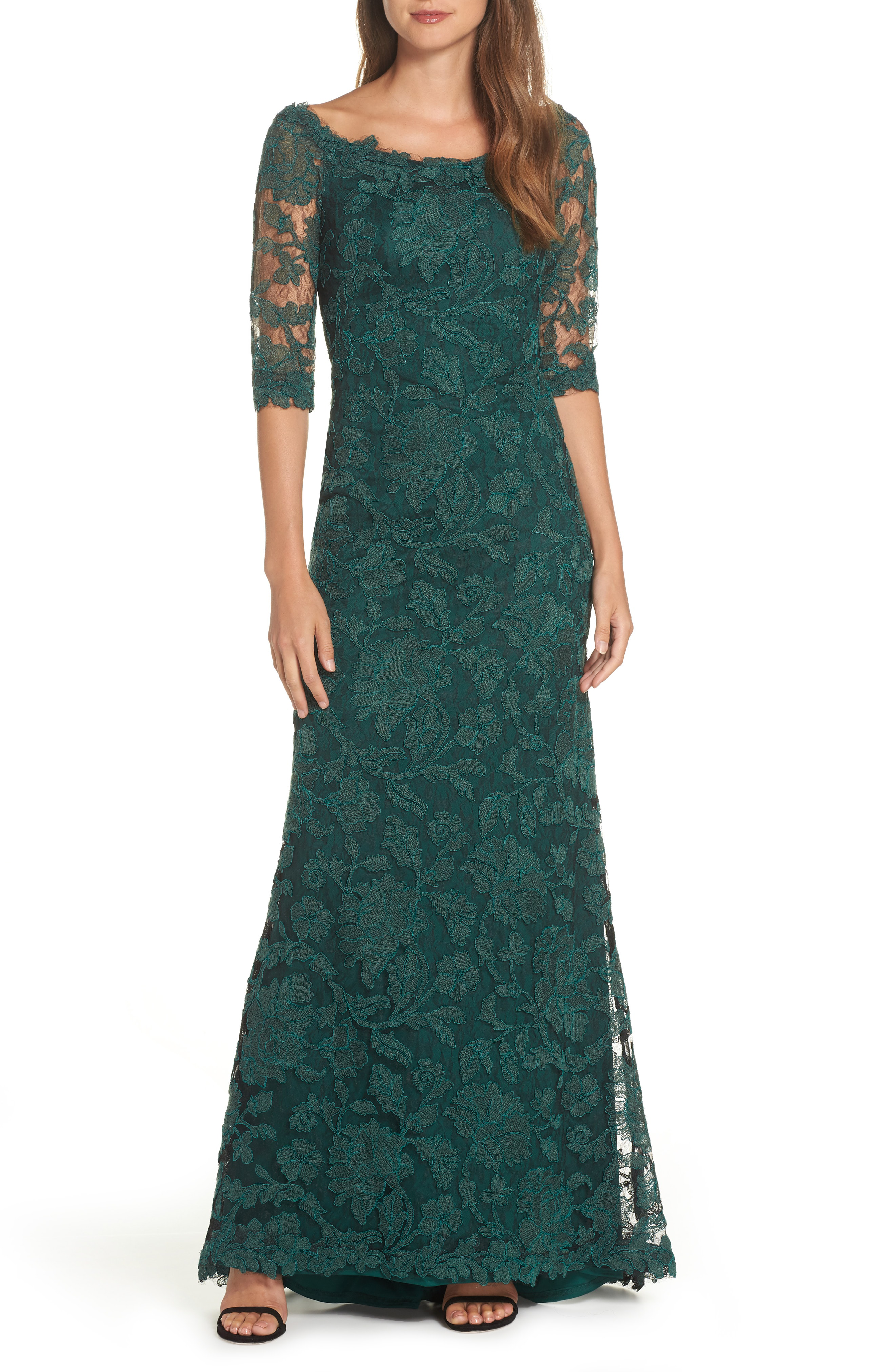 tadashi shoji embroidered boat neck mermaid gown