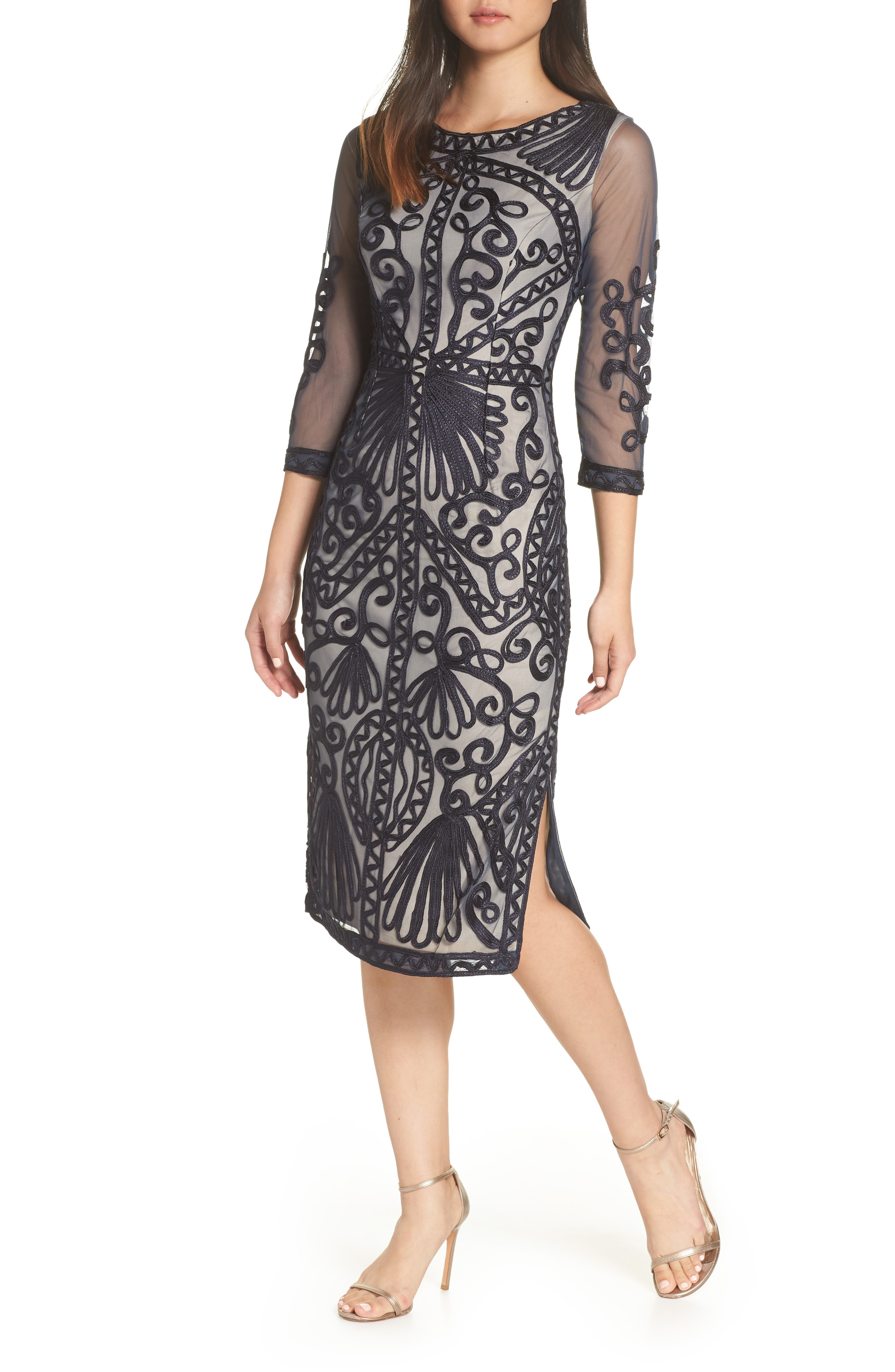 sheer sleeve soutache sheath dress js collections