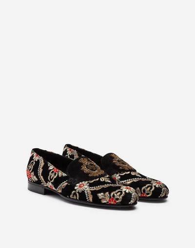 Shop Dolce & Gabbana Velvet Slippers With Embroidery In Multi-colored