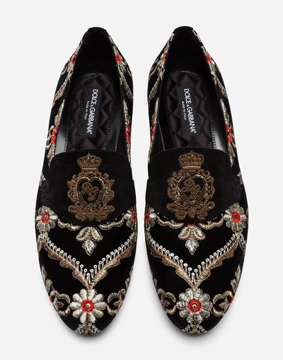 Shop Dolce & Gabbana Velvet Slippers With Embroidery In Multi-colored