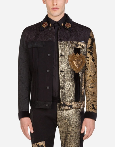 Shop Dolce & Gabbana Stretch Denim And Mixed Fabric Jacket With Patch Embellishment In Multi-colored