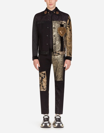 Shop Dolce & Gabbana Stretch Denim And Mixed Fabric Jacket With Patch Embellishment In Multi-colored