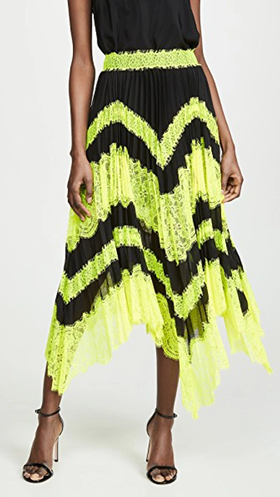 Shop Alice And Olivia Katz Sunburst Pleated Insert Midi Skirt In Black/neon Yellow