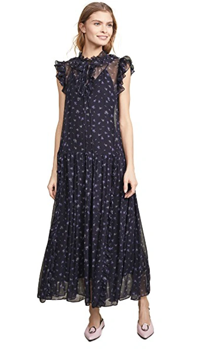 Shop Coach 1941 Rose Print Pleated Dress In Navy