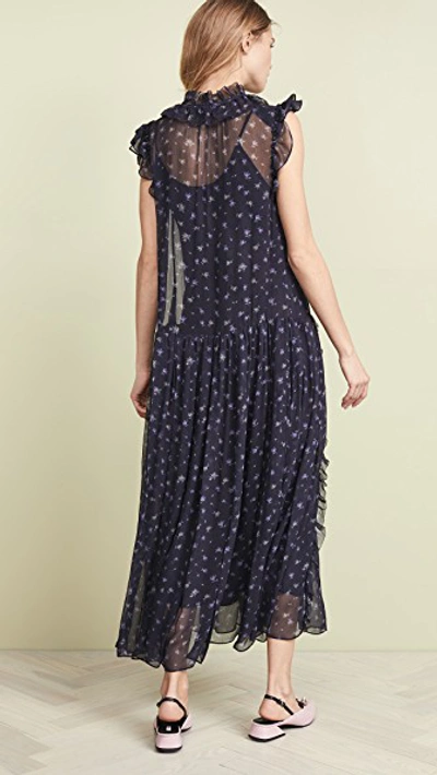 Shop Coach 1941 Rose Print Pleated Dress In Navy