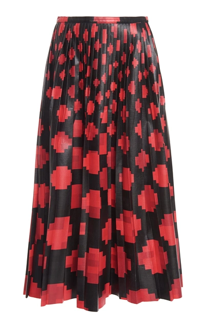 Shop Marni Printed Pleated Faux Leather Midi Skirt In Black