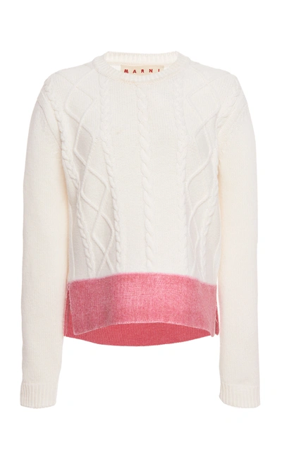 Shop Marni Colour-blocked Cable-knit Virgin Wool Jumper In White