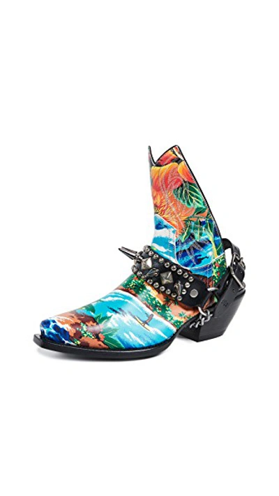 Shop R13 Hawaiian Printed Ankle Half Cowboy Boots In Turquoise Wave