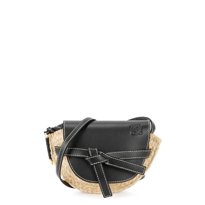 Shop Loewe Gate Mini Leather And Raffia Saddle Bag In Black And Other