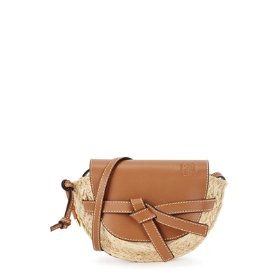 Shop Loewe Gate Brown Leather And Raffia Saddle Bag In Tan