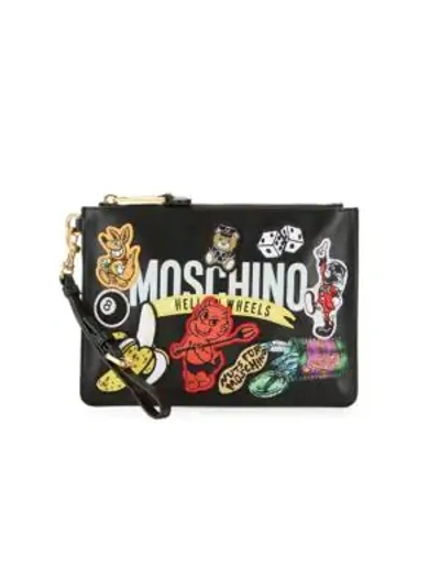 Shop Moschino Patch Leather Pouch In Black