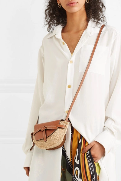 Shop Loewe Gate Mini Leather And Woven Raffia Shoulder Bag In Tan