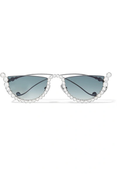 Shop Anna-karin Karlsson Half Moon Cat-eye Crystal-embellished White Gold-plated Sunglasses In Blue