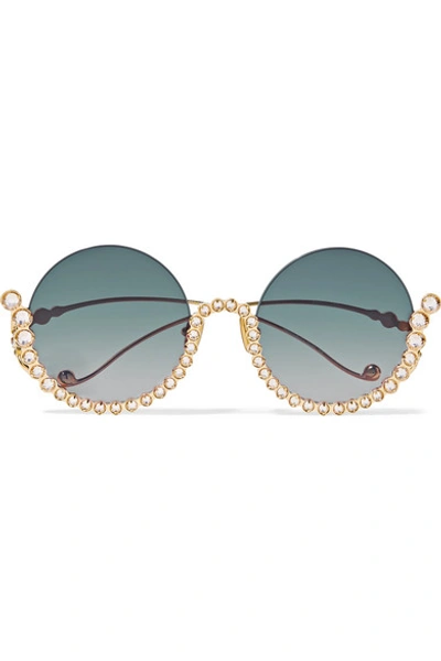 Shop Anna-karin Karlsson Full Moon Round-frame Crystal-embellished Gold-plated Sunglasses In Blue