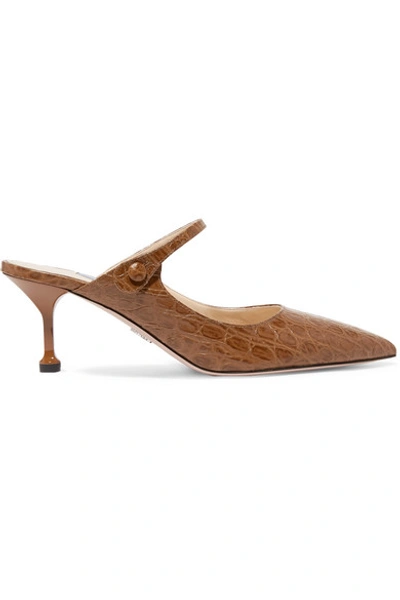 Shop Prada 65 Croc-effect Leather Mules In Tan