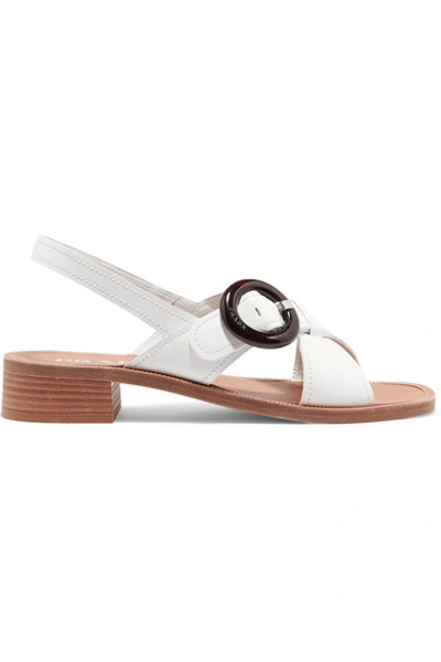 Shop Prada Buckled Glossed-leather Sandals In White