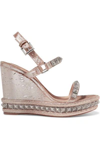 Shop Christian Louboutin Pyradiams 110 Spiked Lamé Wedge Sandals In Silver