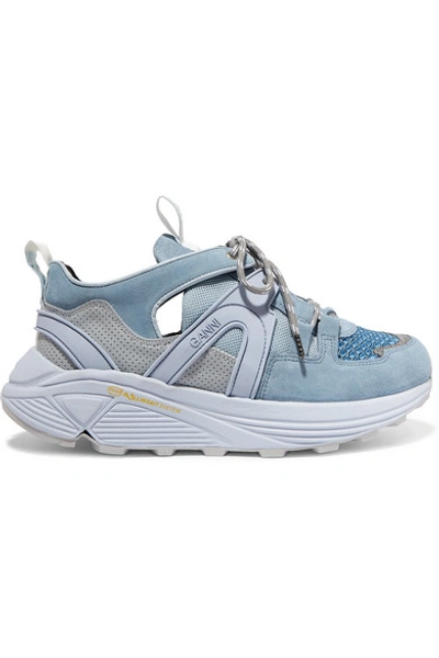 Shop Ganni Logo-print Suede, Leather, Rubber And Mesh Sneakers In Sky Blue