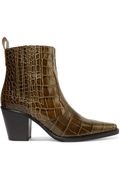 Shop Ganni Croc-effect Leather Ankle Boots In Forest Green