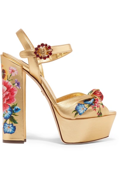 Shop Dolce & Gabbana Knotted Crystal-embellished Floral-print Metallic Leather Platform Sandals In Gold