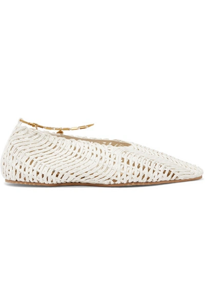 Shop Stella Mccartney Embellished Woven Cotton Point-toe Flats In White