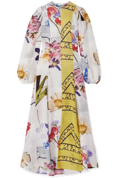 Shop Ganni Patchwork Printed Crepe De Chine Maxi Dress In Yellow
