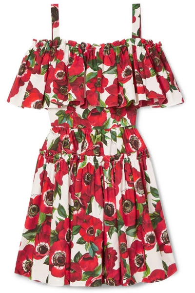 Shop Dolce & Gabbana Cold-shoulder Floral-print Cotton-poplin Mini Dress In Red