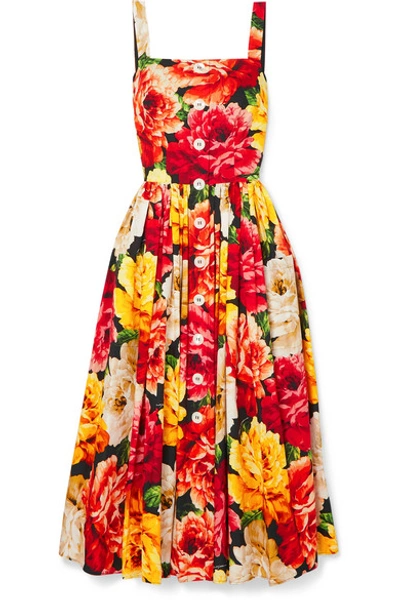 Shop Dolce & Gabbana Floral-print Cotton-poplin Midi Dress In Orange