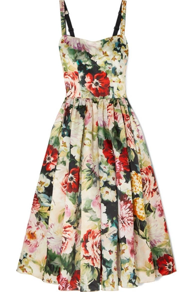 Shop Dolce & Gabbana Floral-print Duchesse Silk-satin Midi Dress In Ivory