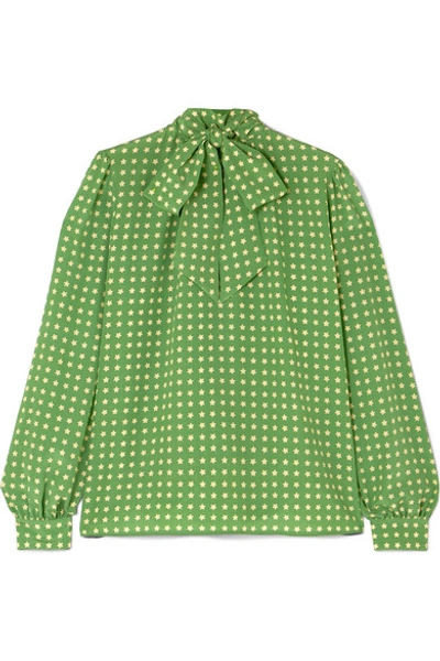 Shop Saint Laurent Pussy-bow Printed Silk Blouse In Green