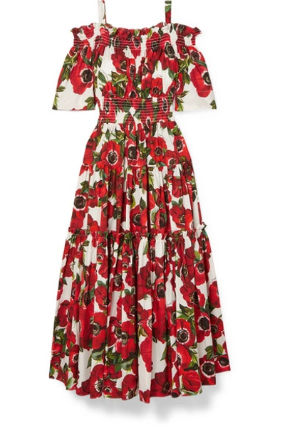 Shop Dolce & Gabbana Cold-shoulder Floral-print Cotton-poplin Midi Dress In Red