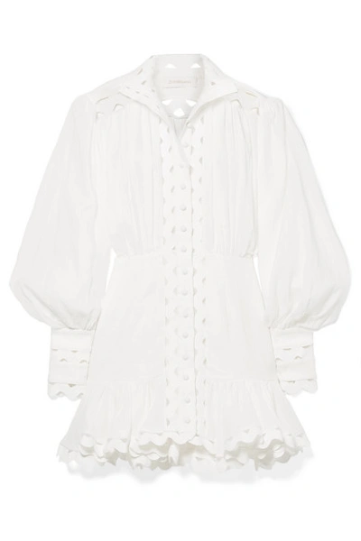 Shop Zimmermann Ninety-six Wave Rickrack-trimmed Ramie And Linen Mini Dress In Ivory