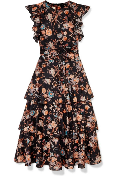 Shop Anna Mason Rufflette Tiered Floral-print Cotton-poplin Midi Dress In Black