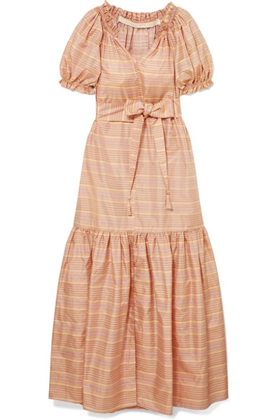 Shop Anna Mason Tiered Striped Satin Maxi Dress In Pink