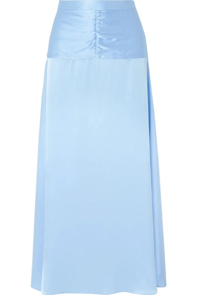 Shop Arias Ruched Silk-charmeuse Maxi Skirt In Sky Blue
