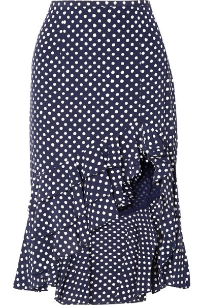 Shop Michael Kors Rumba Ruffled Asymmetric Polka-dot Silk Crepe De Chine Skirt In Navy