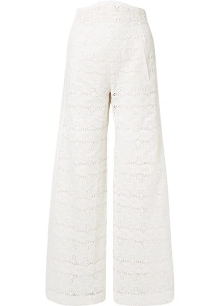 Shop Anna Mason Beau Broderie Anglaise Cotton Wide-leg Pants In White