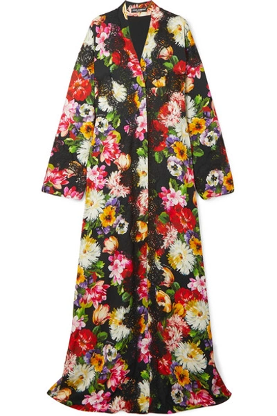 Shop Dolce & Gabbana Lace-trimmed Floral-print Silk-blend Robe In Black