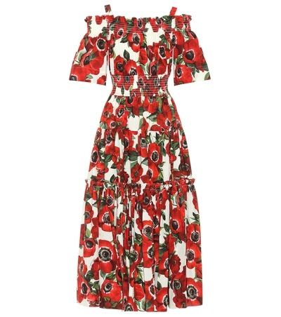 Shop Dolce & Gabbana Floral Cotton Poplin Midi Dress In Red