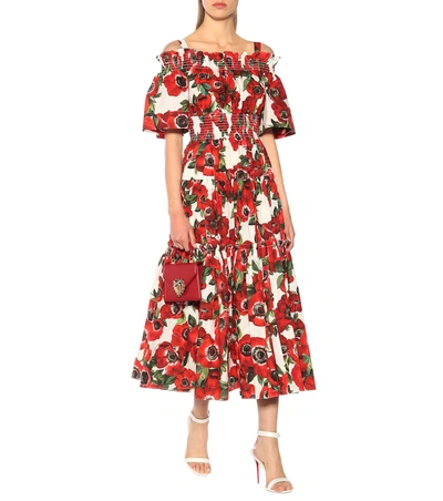 Shop Dolce & Gabbana Floral Cotton Poplin Midi Dress In Red