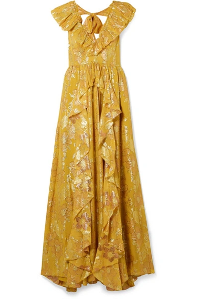 Shop Ulla Johnson Demetria Ruffled Metallic Fil Coupé Silk-blend Gown In Mustard