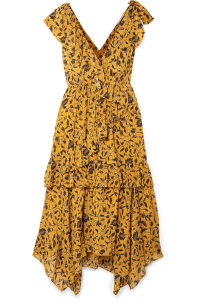 Shop Ulla Johnson Dania Ruffled Floral-print Silk, Cotton And Lurex-blend Midi Dress In Yellow