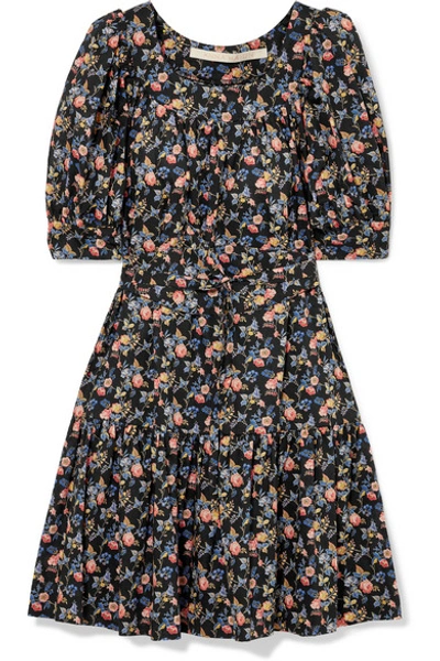 Shop Anna Mason Poppy Belted Floral-print Cotton-poplin Mini Dress In Black