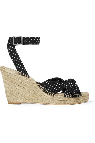 Shop Loeffler Randall Tessa Knotted Polka-dot Cotton Espadrille Wedge Sandals In Black