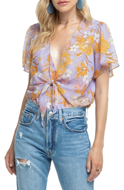 Shop Astr Cory Tie Front Bodysuit In Electrical Lilac Floral
