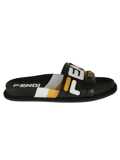 Shop Fendi Mania Motif Sliders In Nero/bianco/zucca